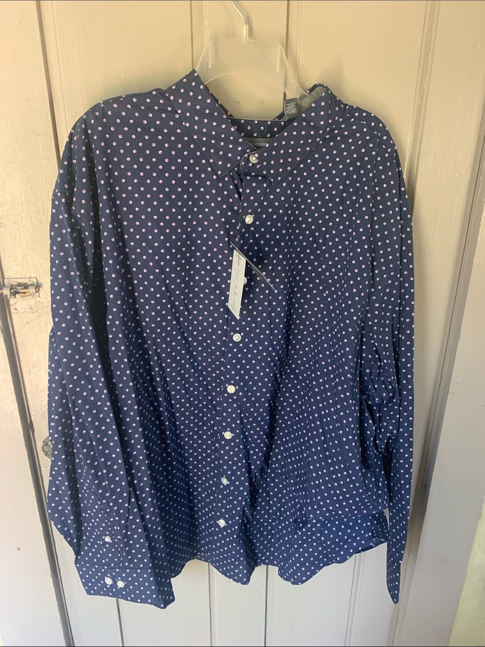 Van Heusen Navy Button-Down Shirt with White/Purple Dot Print